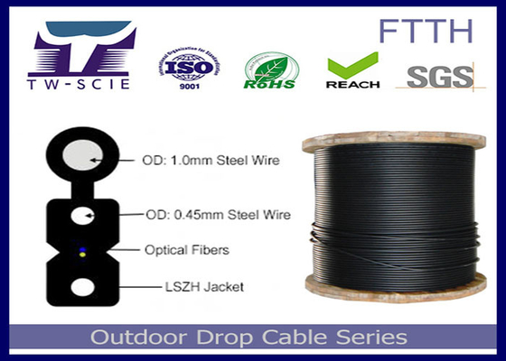 1-4 Core FTTH Drop Cable FRP / Anggota Kekuatan Baja Kabel Optik Datar Tertutup