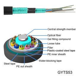 GYTS53 Kabel Serat Optik Luar Ruangan Langsung Terdampar Terdampar Tabung Longgar Kabel Lapis Baja baja ganda selubung hitam