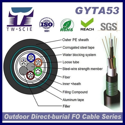 GYTA53 24 Core Double Armored Double Sheath jaket PE anti-UV Kabel Serat Optik Untuk Pemakaman Saluran
